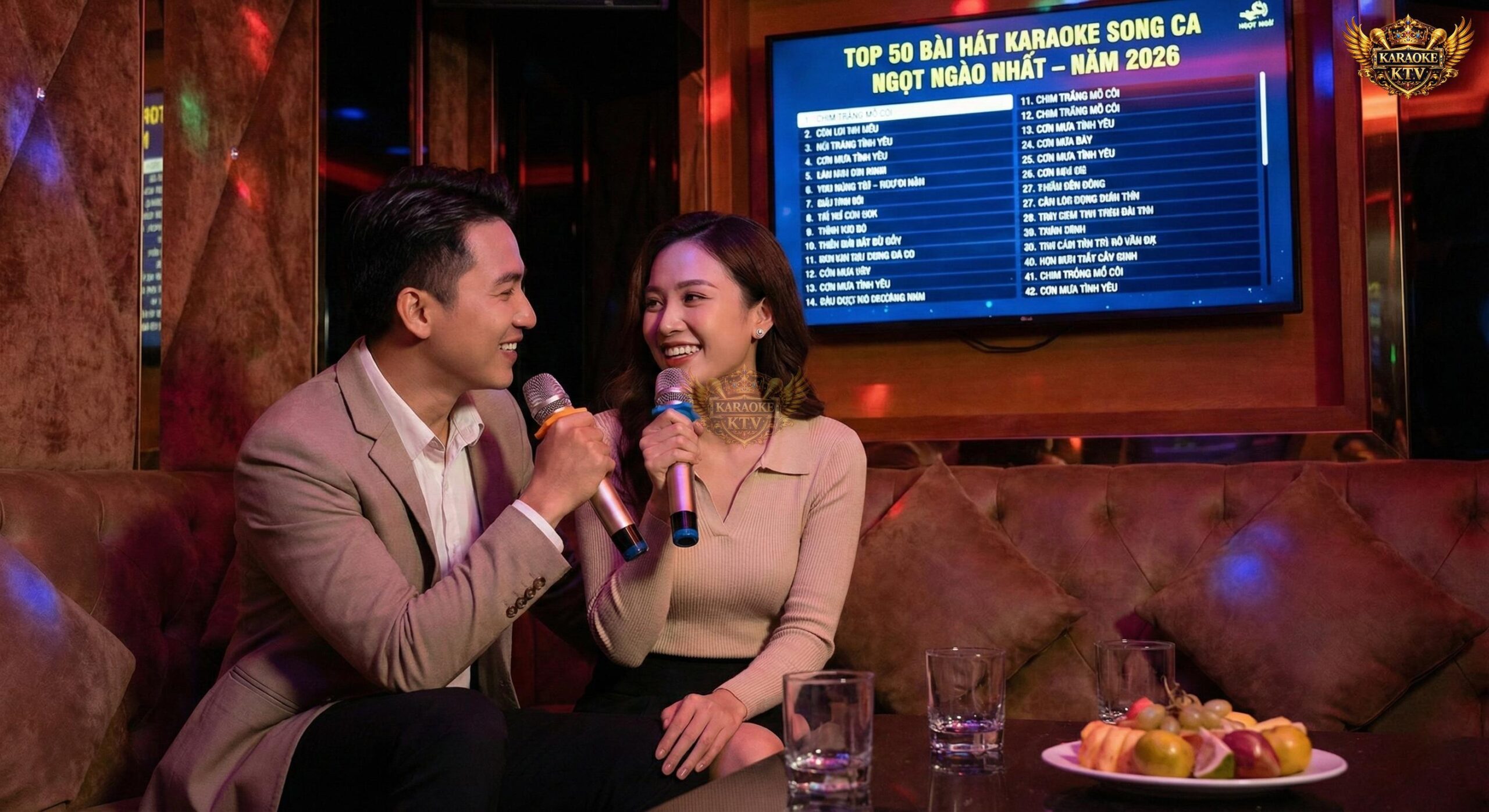 Cặp đôi nam nữ nhìn nhau cười tình cảm khi hát karaoke, phía sau là màn hình hiển thị danh sách các bài hát song ca hot