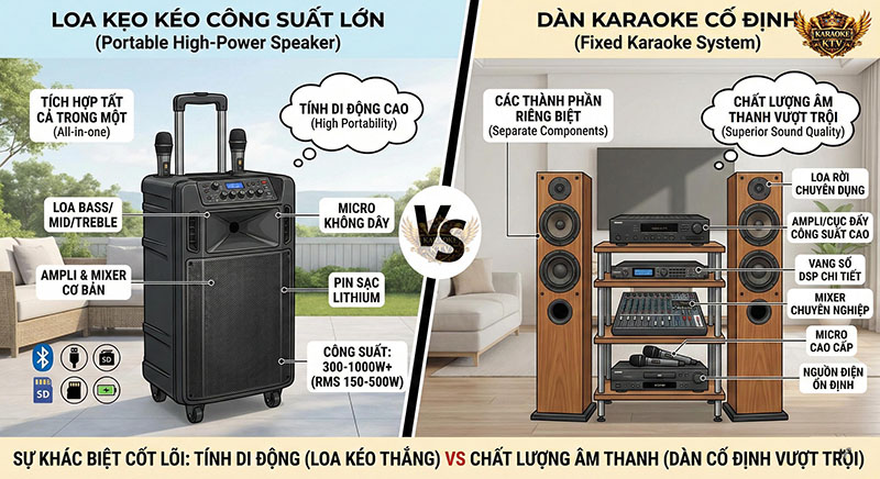 Loa kẹo kéo tích hợp mọi thứ trong một, trong khi dàn cố định yêu cầu các thiết bị xử lý âm thanh riêng biệt