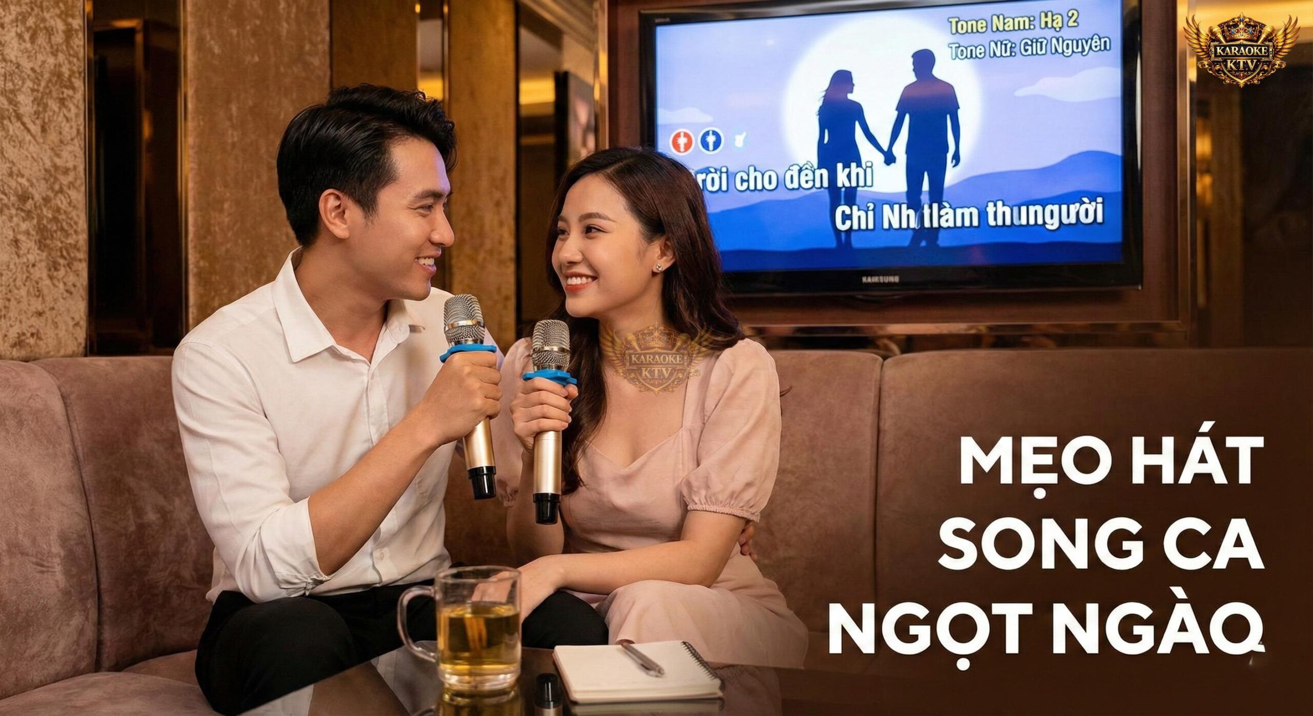 Cặp đôi áp dụng mẹo hát song ca ngọt ngào, nhìn mắt nhau và chọn tone phù hợp trên màn hình karaoke