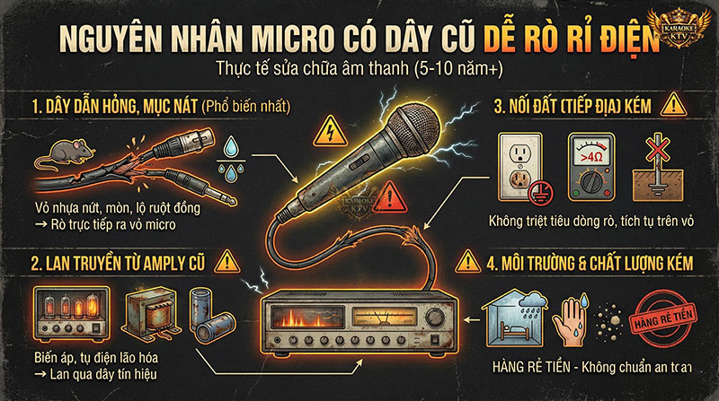 Dây dẫn mục nát, chuột cắn và hệ thống tiếp địa kém là những "thủ phạm" chính gây rò điện ra vỏ micro