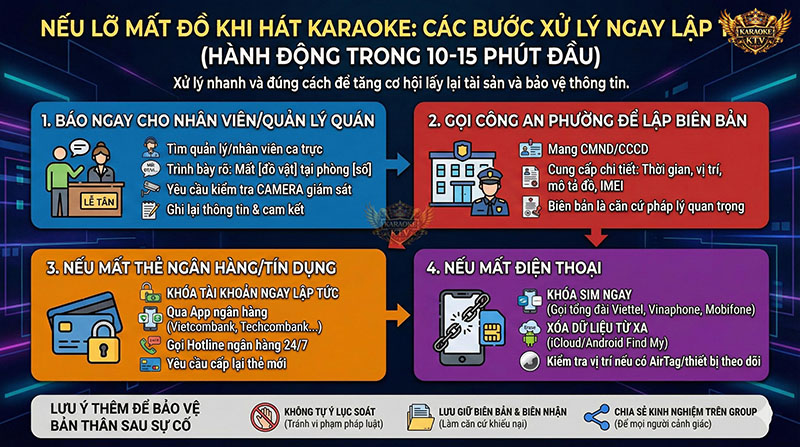Quy trình xử lý khẩn cấp khi mất đồ ở karaoke: Báo quản lý, gọi công an, khóa thẻ ngân hàng và khóa sim điện thoại