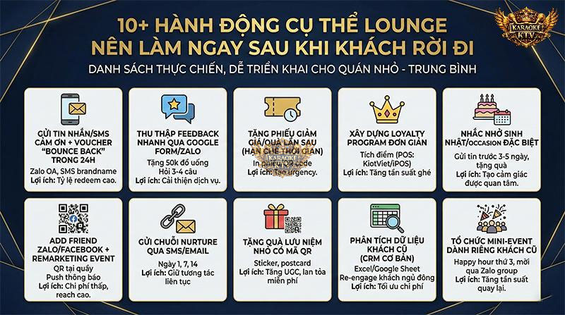 Checklist 10 hành động cụ thể, dễ triển khai với chi phí thấp giúp chủ quán Lounge/Karaoke tăng ngay tỷ lệ khách quay lại