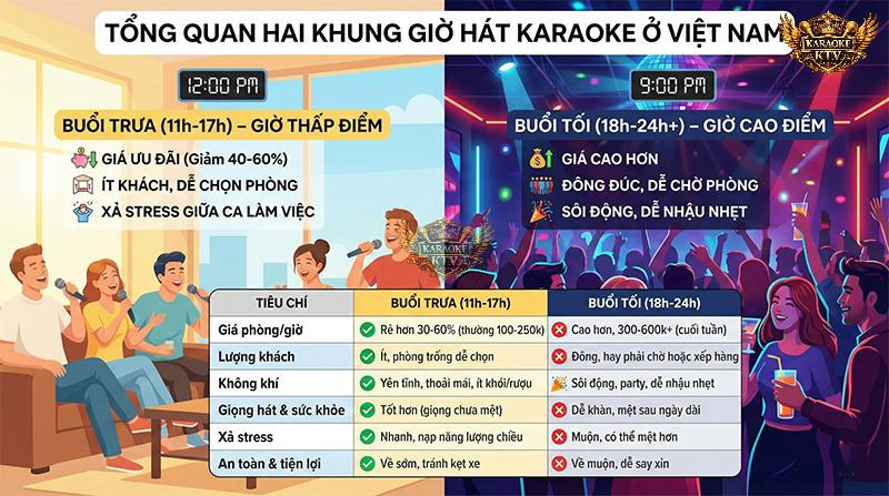 Bảng tổng quan giúp bạn dễ dàng đưa ra quyết định đặt phòng karaoke vào khung giờ nào là tối ưu nhất cho nhóm của mình