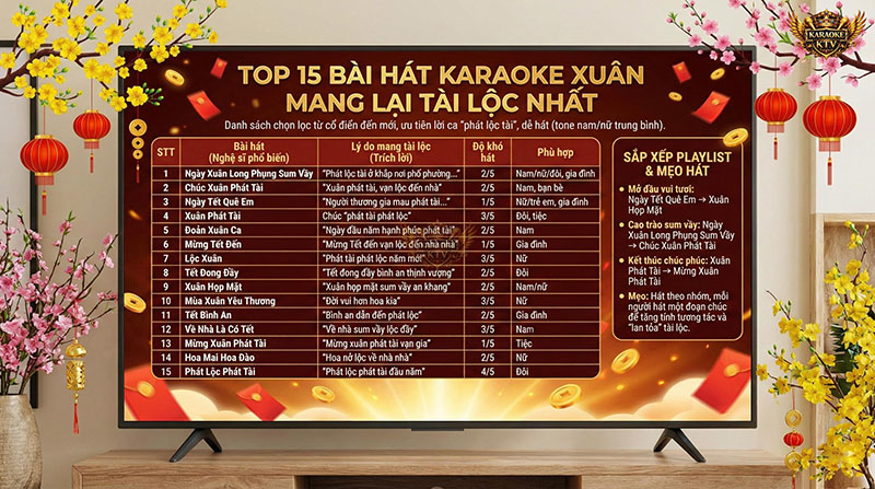 Bảng danh sách 15 bài hát karaoke Tết hay nhất kèm độ khó và ý nghĩa cầu tài lộc, phát tài
