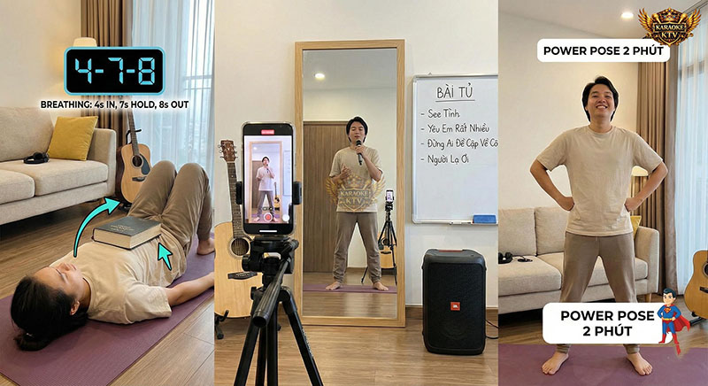 Các bài tập chuẩn bị trước khi đi hát: thở bụng, luyện trước gương và tư thế Power Pose.
