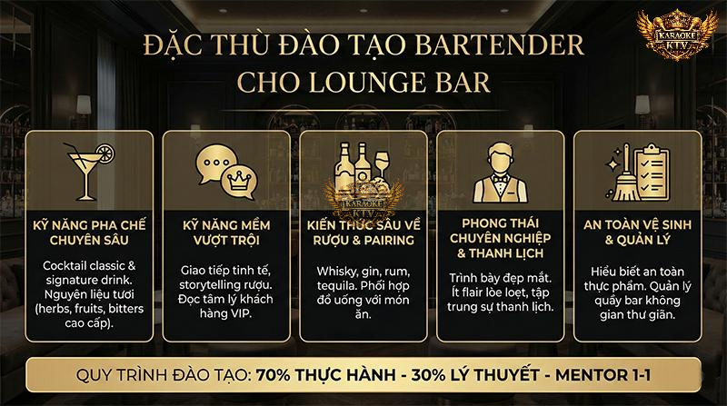 Bartender Lounge không chỉ cần pha ngon mà còn phải biết "kể chuyện" (storytelling) và am hiểu về các loại rượu mạnh (Whisky, Gin, Rum)