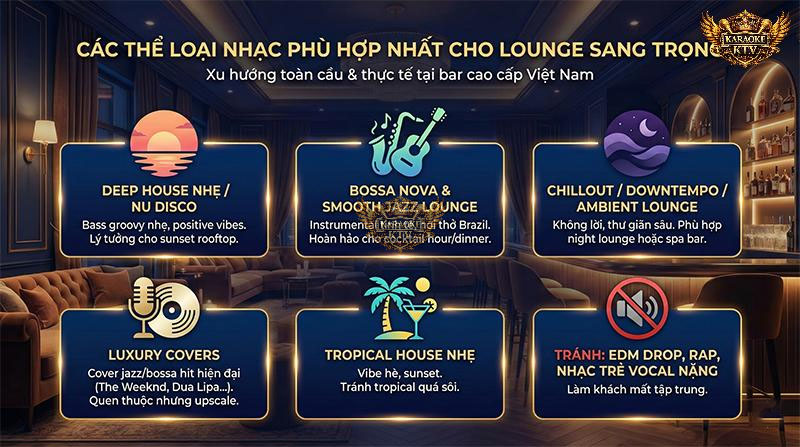 Deep House nhẹ, Nu Disco hay Bossa Nova instrumental là những thể loại nhạc lý tưởng giúp định hình phong cách sang trọng và tinh tế cho lounge