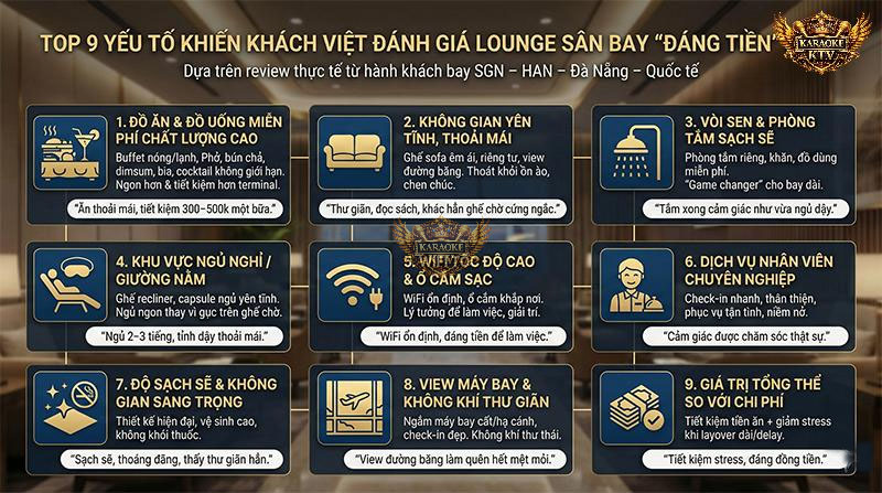 Tổng hợp 9 tiện ích cao cấp tại lounge sân bay khiến khách hàng hài lòng: buffet, phòng tắm, ghế ngủ