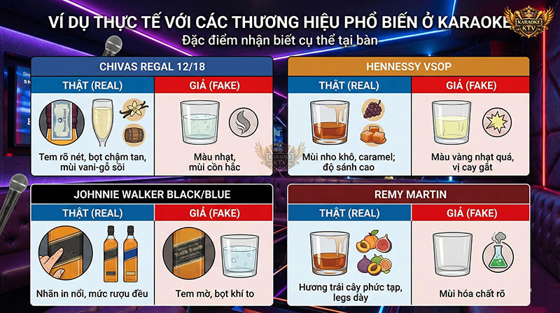 Mỗi thương hiệu rượu ngoại (Chivas, Hennessy...) đều có những đặc điểm nhận diện riêng biệt về mùi hương và màu sắc
