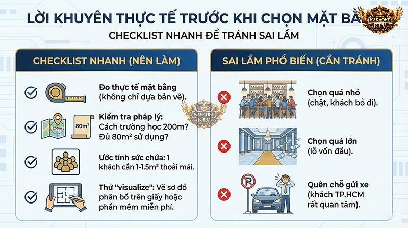 Đừng chỉ tin vào bản vẽ. Hãy đo đạc thực tế, kiểm tra kỹ các điều kiện pháp lý về khoảng cách và đặc biệt lưu ý vấn đề bãi giữ xe nếu kinh doanh tại các thành phố lớn như TP.HCM