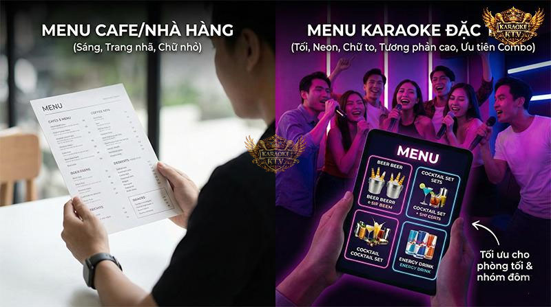 Đừng bê nguyên menu quán cafe vào phòng karaoke! Bạn cần độ tương phản cao và font chữ lớn để "chiến thắng" ánh sáng neon
