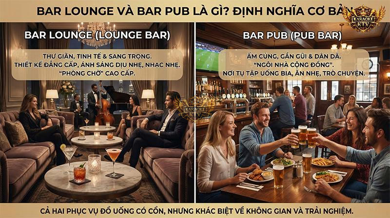 Lounge bắt nguồn từ "phòng chờ" cao cấp, còn Pub xuất phát từ mô hình "ngôi nhà cộng đồng" thân thiện nơi mọi người tụ tập uống bia