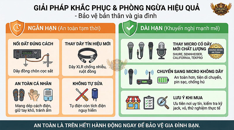 Chuyển sang micro không dây và nối đất đúng chuẩn là giải pháp dài hạn an toàn nhất