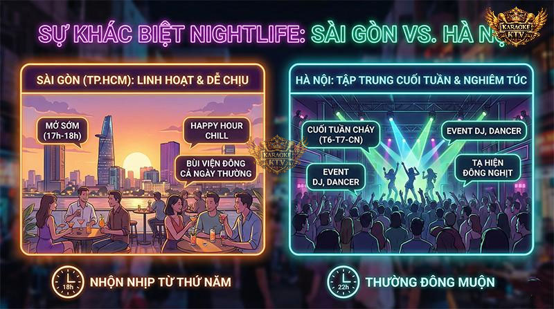Sài Gòn có văn hóa chill sớm và linh hoạt, trong khi Hà Nội tập trung "bùng nổ" vào dịp cuối tuần