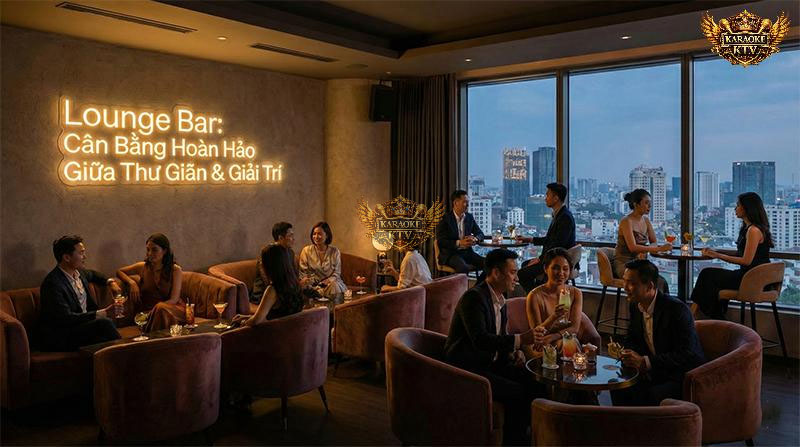 Không gian nội thất lounge bar sang trọng với view thành phố đẹp và ánh sáng neon dịu nhẹ phù hợp thư giãn