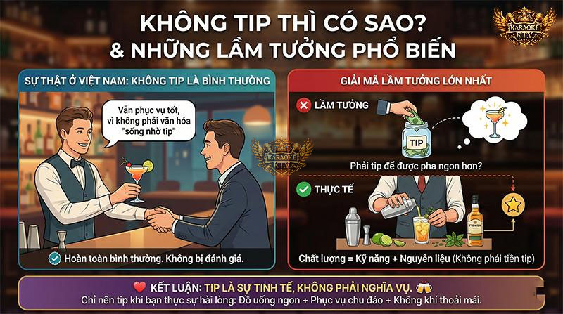 Chất lượng cocktail phụ thuộc vào kỹ năng, không phải tiền tip. Bạn hoàn toàn thoải mái nếu chọn không tip
