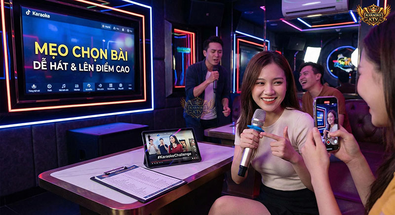 Nhóm bạn trẻ trong phòng karaoke đang quay video hát theo challenge TikTok với màn hình hiển thị mẹo chọn bài