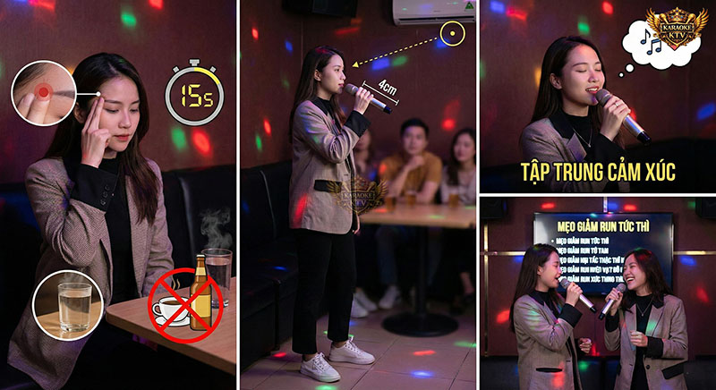 Mẹo giảm run tức thì tại phòng karaoke: ấn huyệt, uống nước ấm và tập trung cảm xúc.