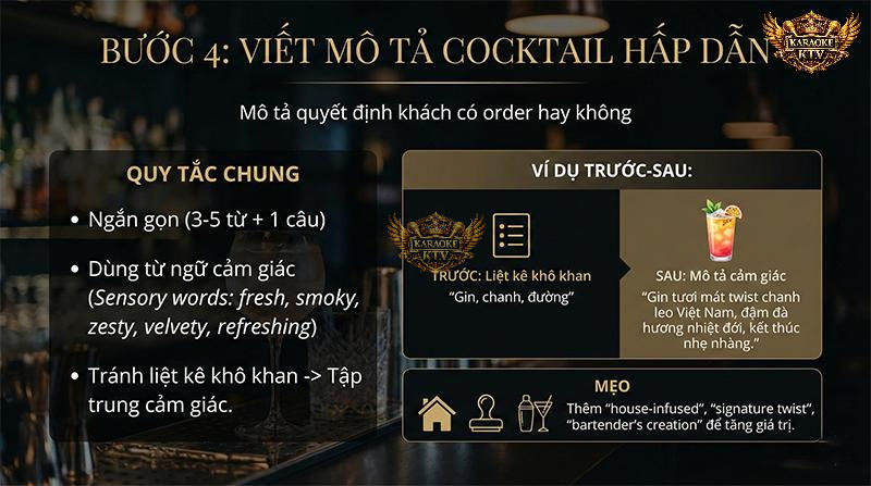 Thay vì liệt kê "Gin, Chanh, Đường", hãy thử viết "Gin tươi mát twist cùng chanh leo nhiệt đới". Sự khác biệt nằm ở cảm xúc!