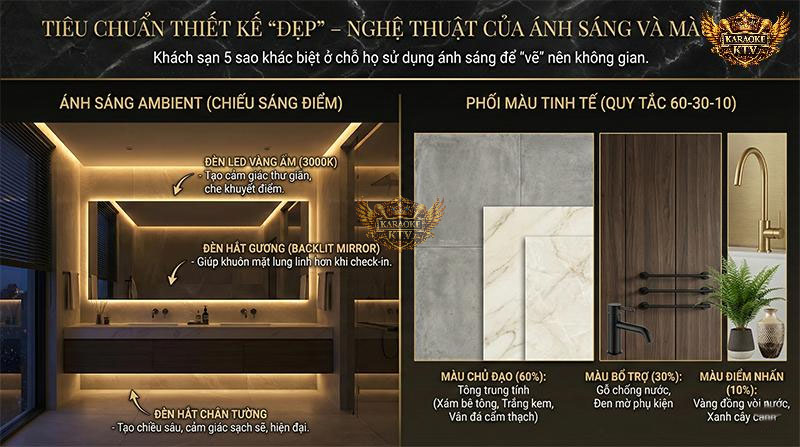 Ánh sáng vàng ấm (3000K) và gương đèn LED (Backlit Mirror) là bí quyết giúp khách hàng có những bức ảnh check-in đẹp như tại khách sạn