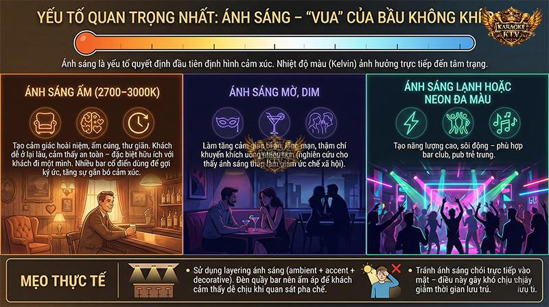 Ánh sáng vàng (2700-3000K) tạo sự thân mật, trong khi ánh sáng Neon tạo năng lượng sôi động