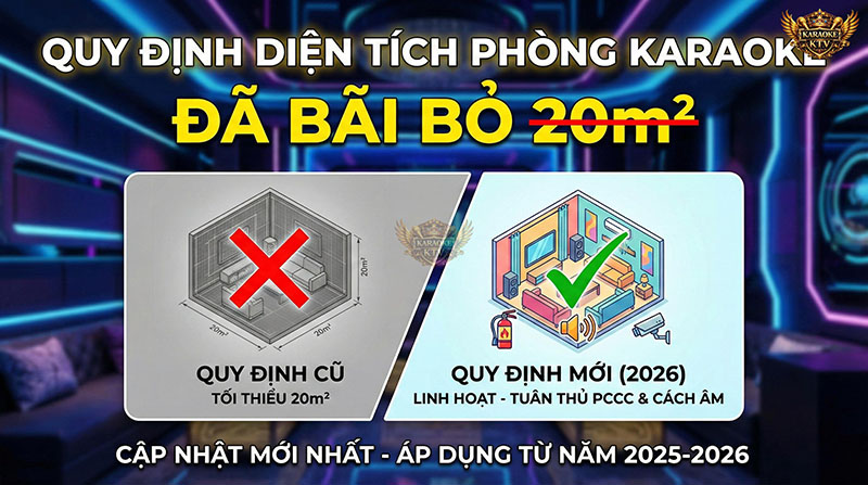 Từ năm 2025, pháp luật đã chính thức bãi bỏ quy định diện tích tối thiểu 20m² đối với phòng hát karaoke.