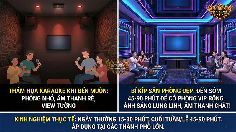 Đừng để buổi tụ tập mất vui chỉ vì đến sát giờ. Hãy đến sớm 45-90 phút để đảm bảo có phòng rộng, âm thanh chất lượng!