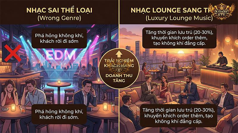Nhạc lounge với tempo vừa phải giúp khách hàng thoải mái trò chuyện, tăng thời gian lưu trú và thúc đẩy doanh thu order đồ uống lên tới 30%