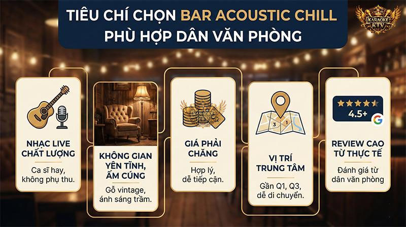 Ưu tiên nhạc live không phụ thu, không gian gỗ vintage, vị trí gần Quận 1, Quận 3 để thuận tiện di chuyển ngay sau giờ tan tầm