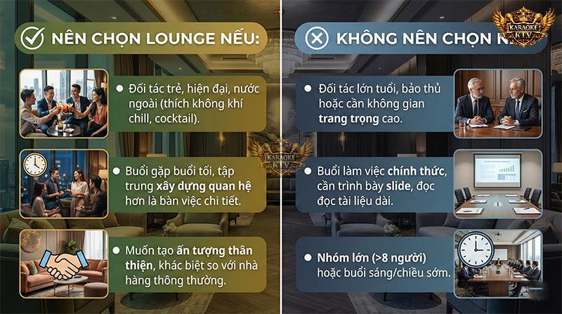 Lounge cực kỳ lý tưởng cho đối tác trẻ và các buổi networking buổi tối, nhưng hãy tránh nếu cần duyệt slide tài liệu phức tạp