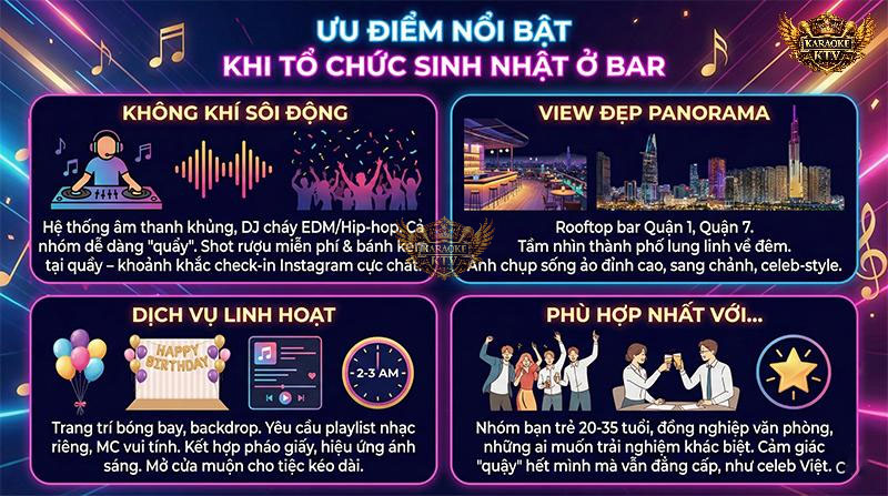 Âm thanh bùng nổ, view ngắm thành phố đêm lung linh và khoảnh khắc check-in sang chảnh là những điểm cộng cực lớn khi party tại bar