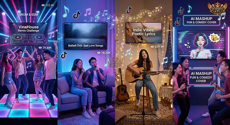 Hình ảnh tổng hợp 4 dòng nhạc đang thịnh hành trên TikTok và được yêu thích khi hát karaoke: VinaHouse/EDM, Ballad, Indie và AI cover hài hước